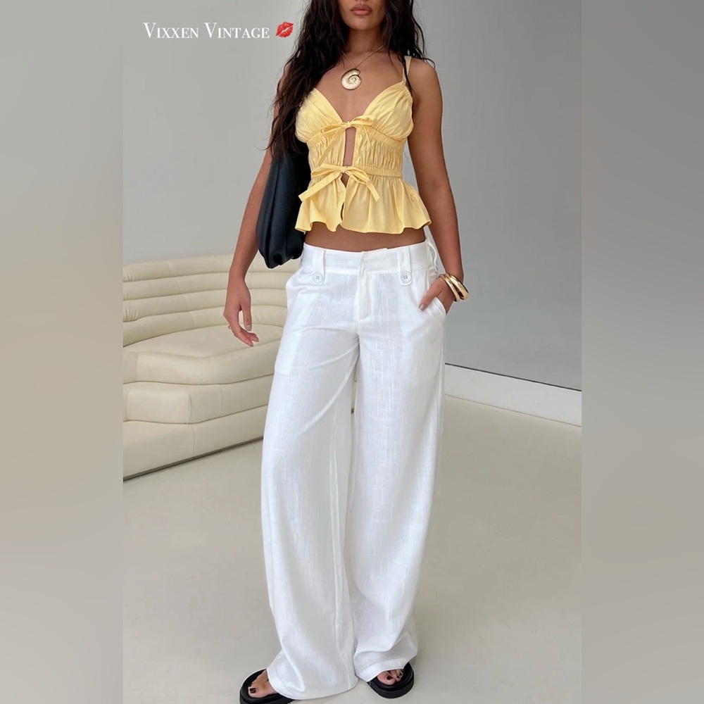 VINTAGE Y2K DEPT MID-RISE FLAP POCKET WIDE LEG LINEN TROUSERS IN WHITE